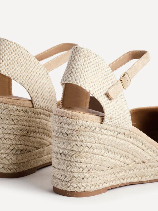 Linzi Beige Faux Suede Closed-Toe And Open Back Espadrille Wedge