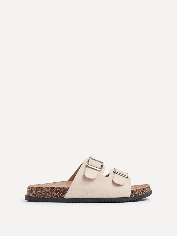 Linzi Beige Faux Suede Double Buckle Footbed Sandal