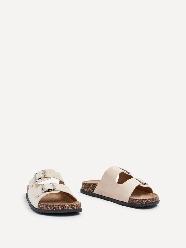 Linzi Beige Faux Suede Double Buckle Footbed Sandal