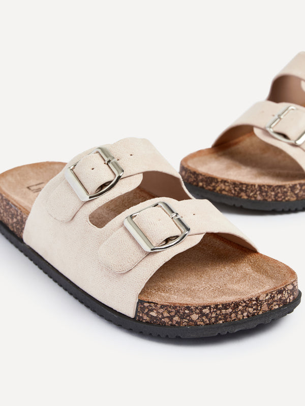 Linzi Beige Faux Suede Double Buckle Footbed Sandal