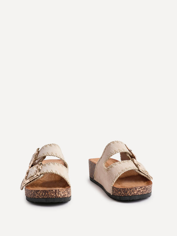 Linzi Beige Faux Suede Double Buckle Sandal With Stitching Detail