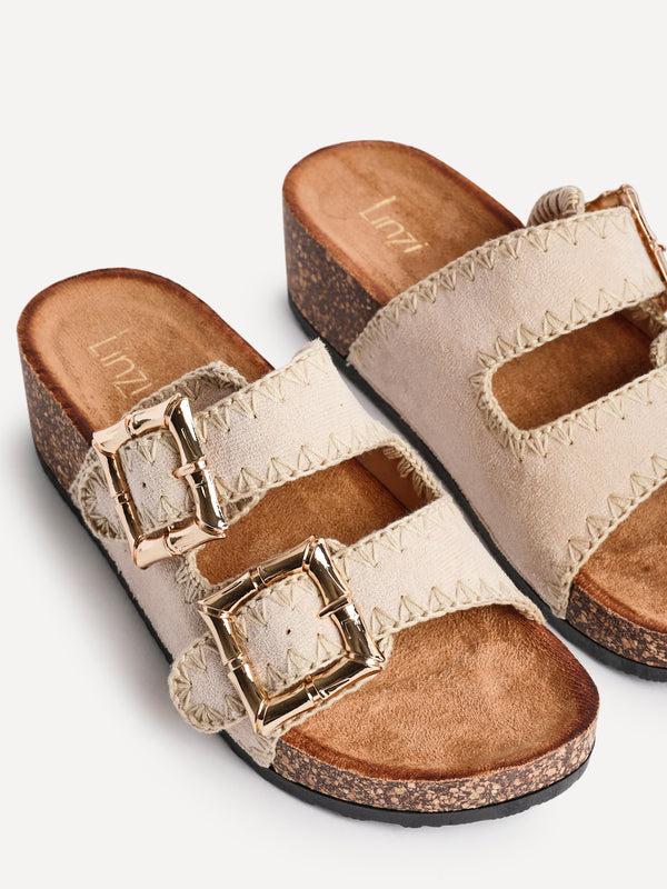Linzi Beige Faux Suede Double Buckle Sandal With Stitching Detail