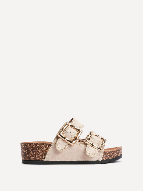 Linzi Beige Faux Suede Double Buckle Sandal With Stitching Detail