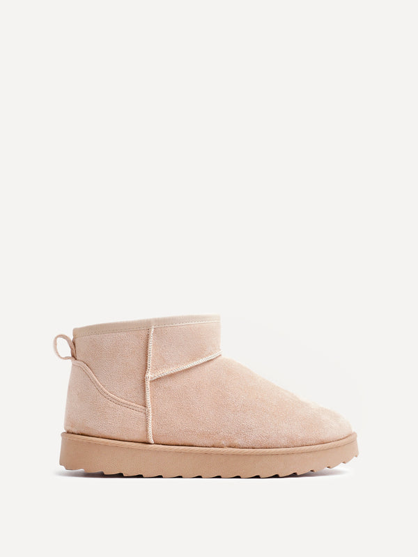 Linzi Beige Faux Suede Faux Fur Lined Ultra Mini Ankle Boot