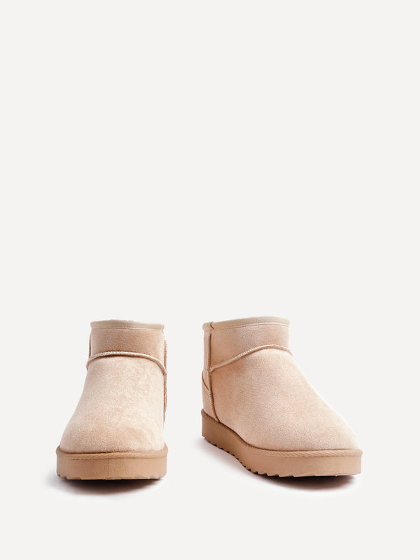 Linzi Beige Faux Suede Faux Fur Lined Ultra Mini Ankle Boot