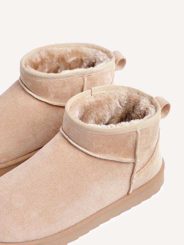 Linzi Beige Faux Suede Faux Fur Lined Ultra Mini Ankle Boot