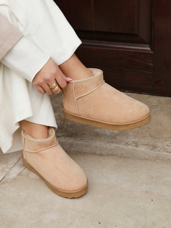 linzi Beige Faux Suede Faux Fur Lined Ultra Mini Ankle Boot