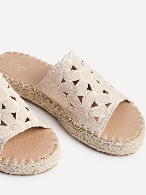 Linzi Beige Faux Suede Floral Espadrille Flatform Slider