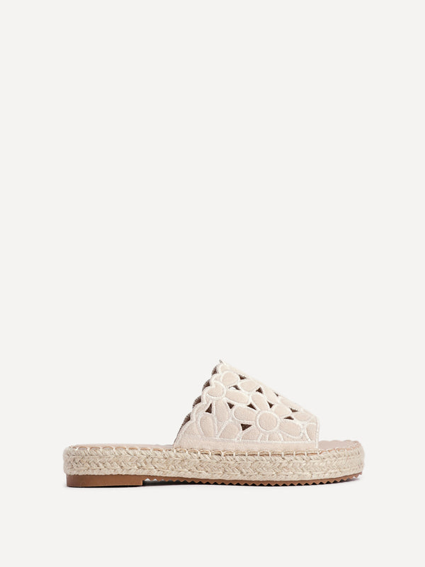Linzi Beige Faux Suede Floral Espadrille Flatform Slider