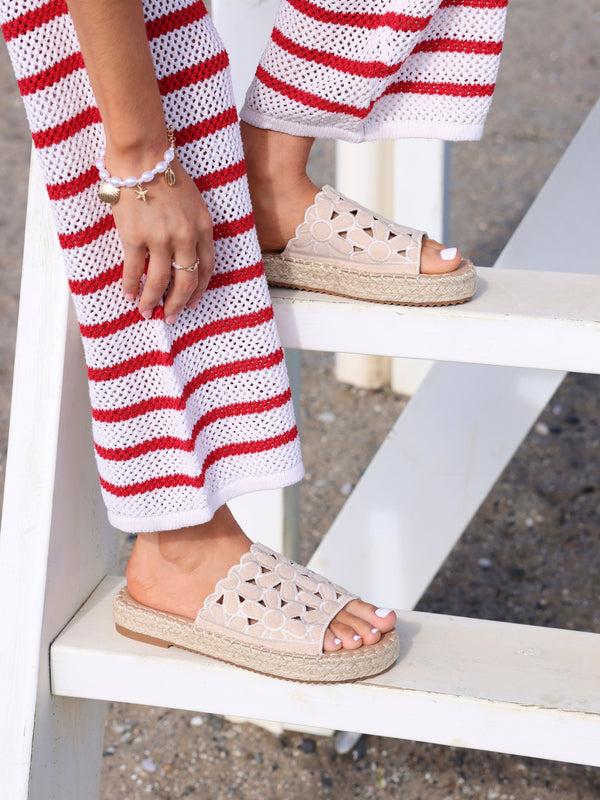 linzi Beige Faux Suede Floral Espadrille Flatform Slider
