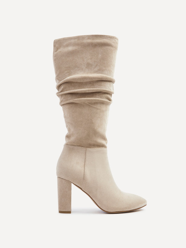 Linzi Beige Faux Suede Ruched Knee High Heeled Boot