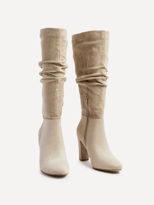 Linzi Beige Faux Suede Ruched Knee High Heeled Boot