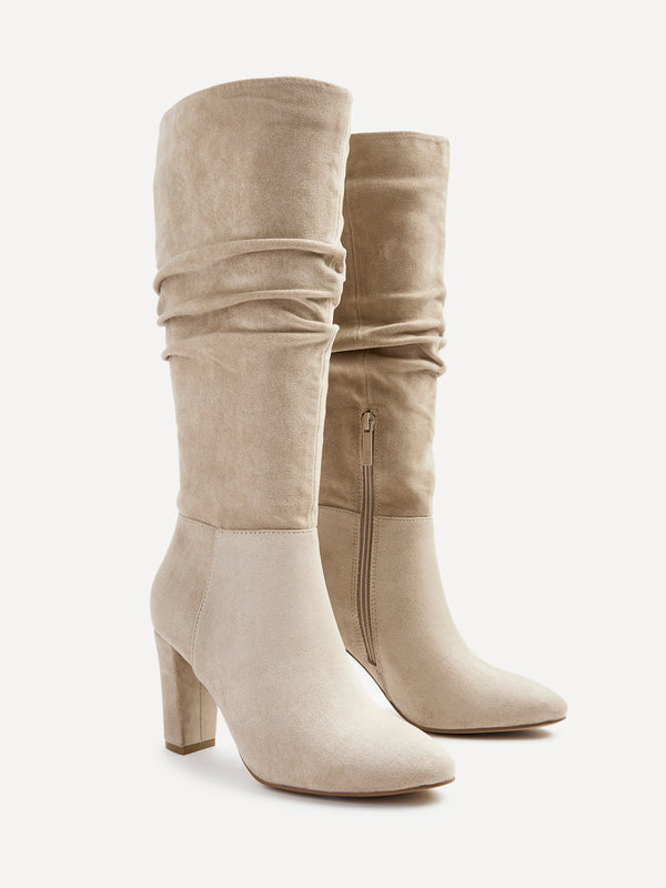 Linzi Beige Faux Suede Ruched Knee High Heeled Boot