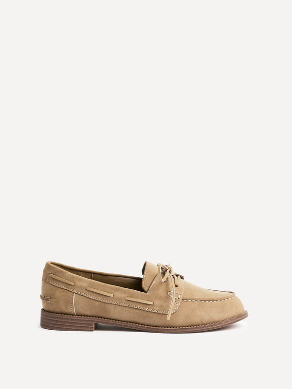 Linzi Beige Faux Suede Slip On Loafer With Lace Detailing