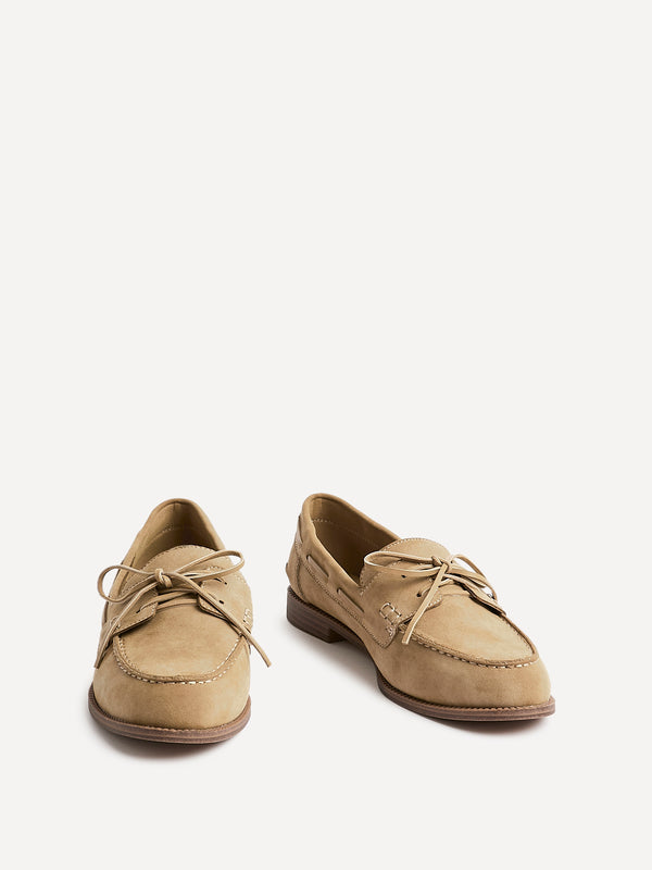 Linzi Beige Faux Suede Slip On Loafer With Lace Detailing