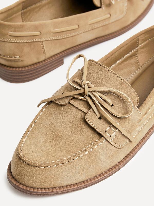 Linzi Beige Faux Suede Slip On Loafer With Lace Detailing