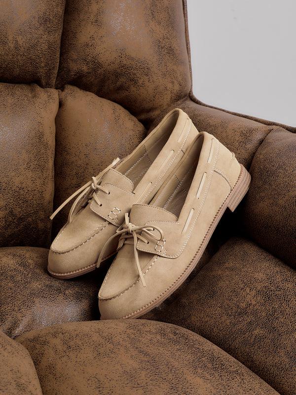Linzi Beige Faux Suede Slip On Loafer With Lace Detailing