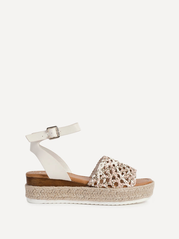 Linzi Beige Multi Faux Leather Handwoven Espadrille Flatform Sandal