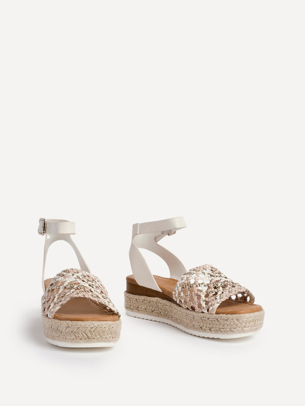 Linzi Beige Multi Faux Leather Handwoven Espadrille Flatform Sandal
