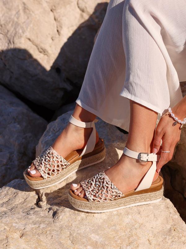 linzi Beige Multi Faux Leather Handwoven Espadrille Flatform Sandal