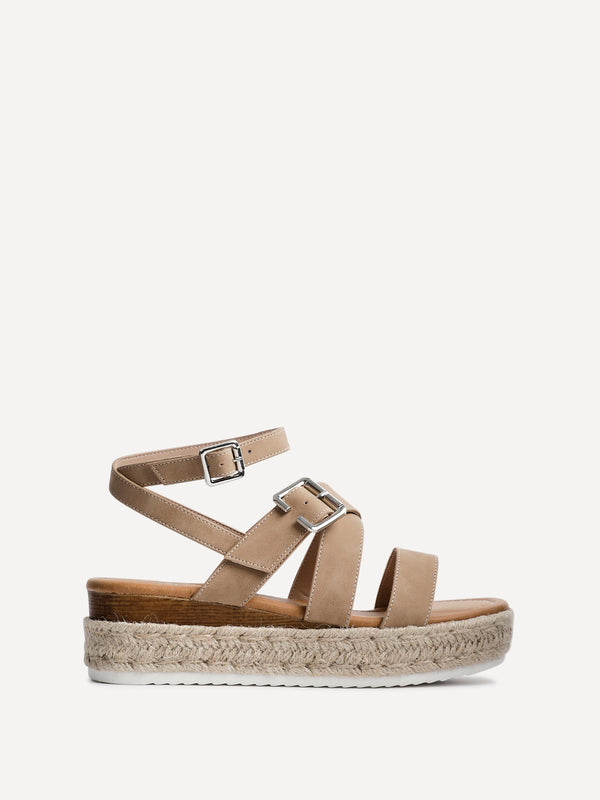 Linzi Beige Nubuck Strappy Flatform Sandal With Buckle Detail