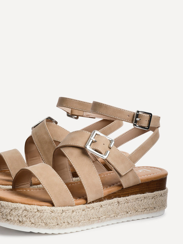 Linzi Beige Nubuck Strappy Flatform Sandal With Buckle Detail