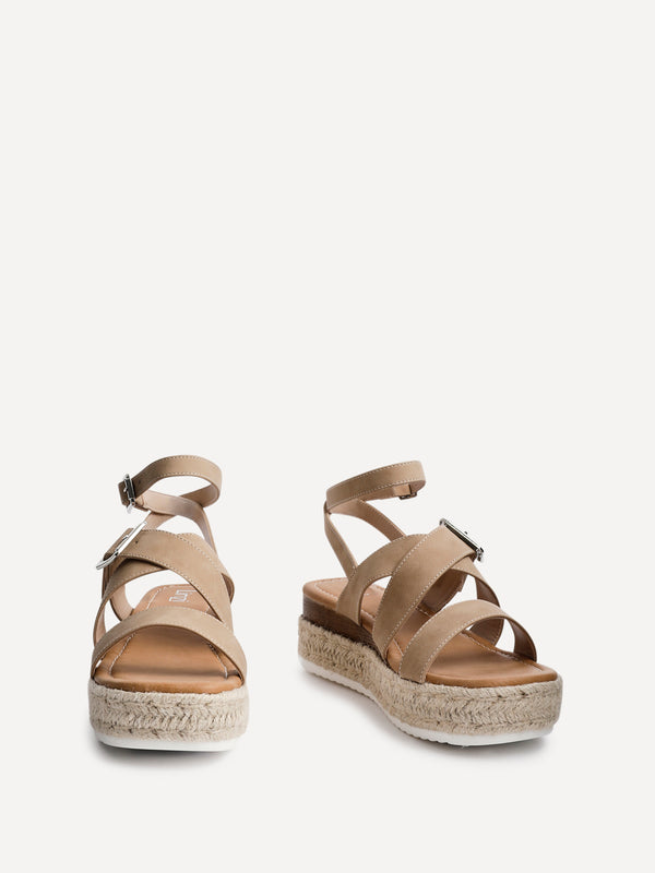Linzi Beige Nubuck Strappy Flatform Sandal With Buckle Detail