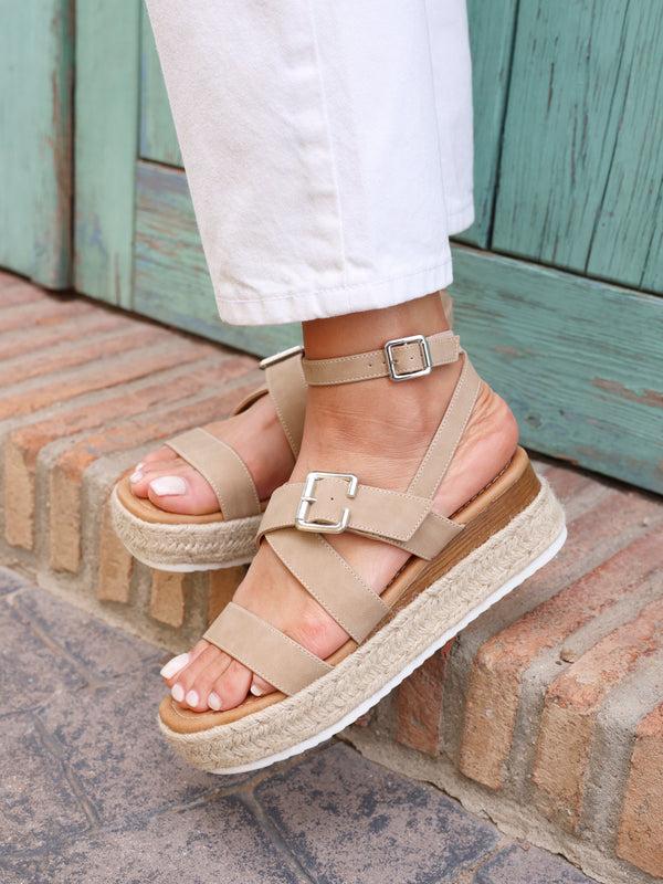 linzi Beige Nubuck Strappy Flatform Sandal With Buckle Detail