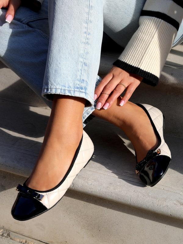 linzi Beige Quilted Faux Leather Pump With Bow Detail