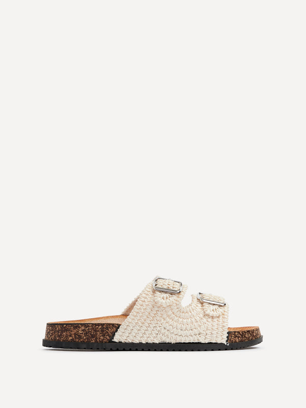 Linzi Beige Raffia Footbed Double Buckle Flat Sandal