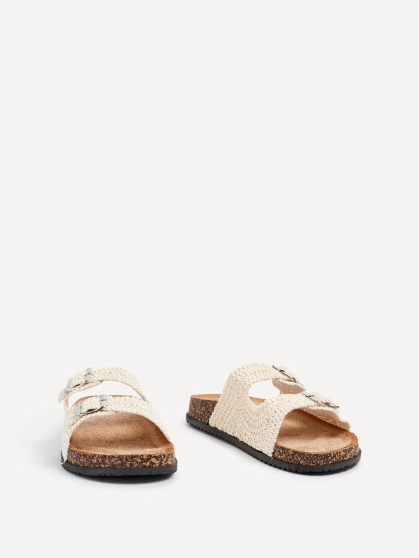 Linzi Beige Raffia Footbed Double Buckle Flat Sandal
