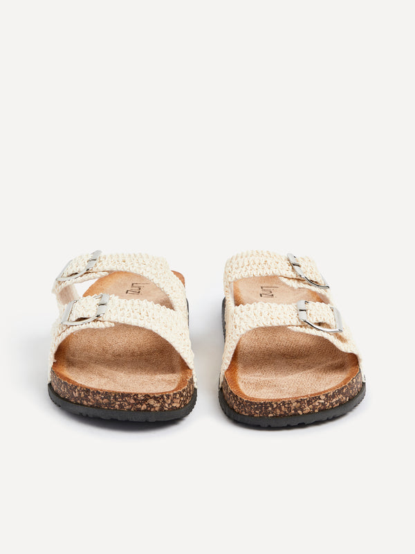 Linzi Beige Raffia Footbed Double Buckle Flat Sandal