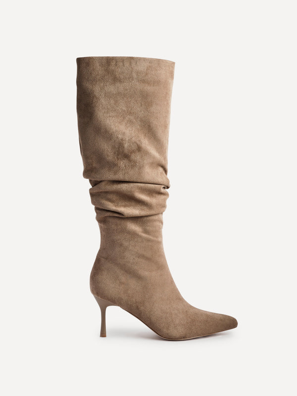 Linzi Beige Suede Ruched High Leg Heeled Boot With Pointed Toe