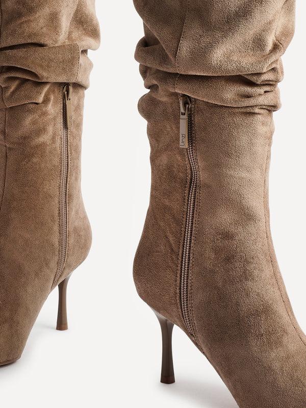 Linzi Beige Suede Ruched High Leg Heeled Boot With Pointed Toe