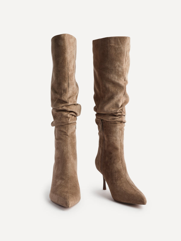 Linzi Beige Suede Ruched High Leg Heeled Boot With Pointed Toe