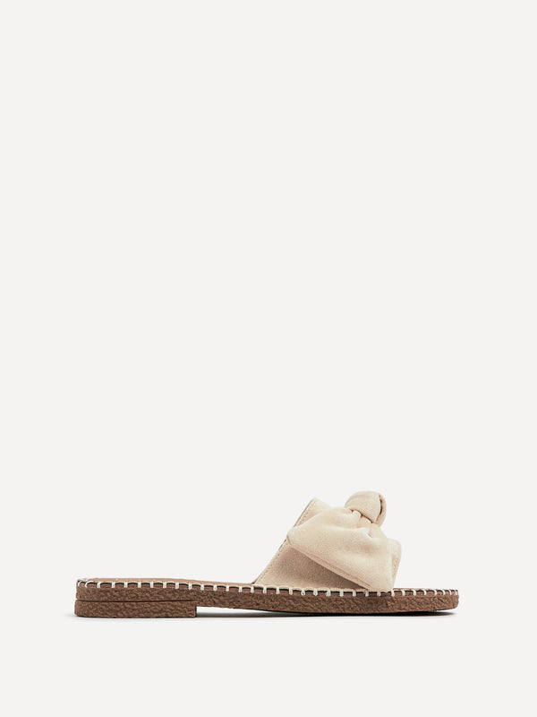 Linzi Beige Suede Slip On Slider With Large Bow Front Strap