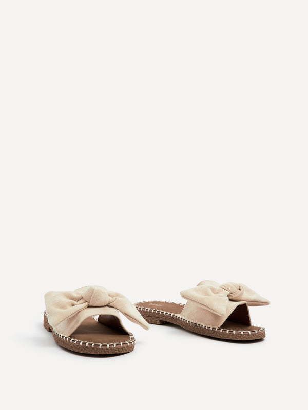 Linzi Beige Suede Slip On Slider With Large Bow Front Strap
