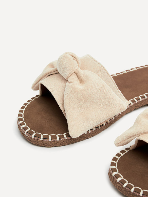 Linzi Beige Suede Slip On Slider With Large Bow Front Strap