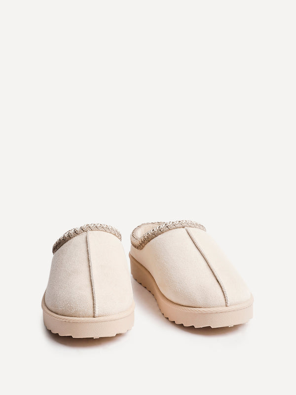 Linzi Beige Suede Slipper With Matching Aztec Detail