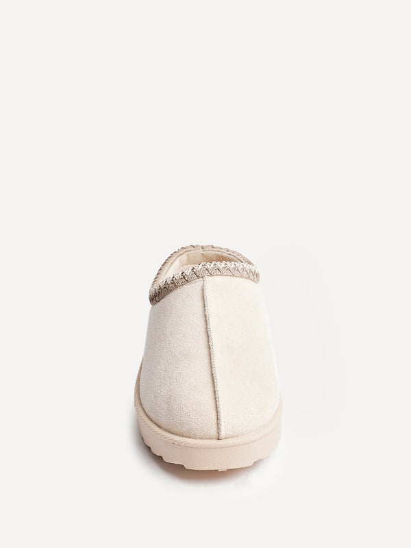 Linzi Beige Suede Slipper With Matching Aztec Detail