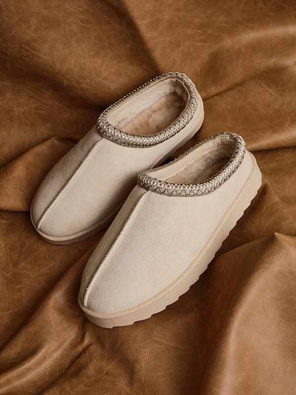 linzi Beige Suede Slipper With Matching Aztec Detail