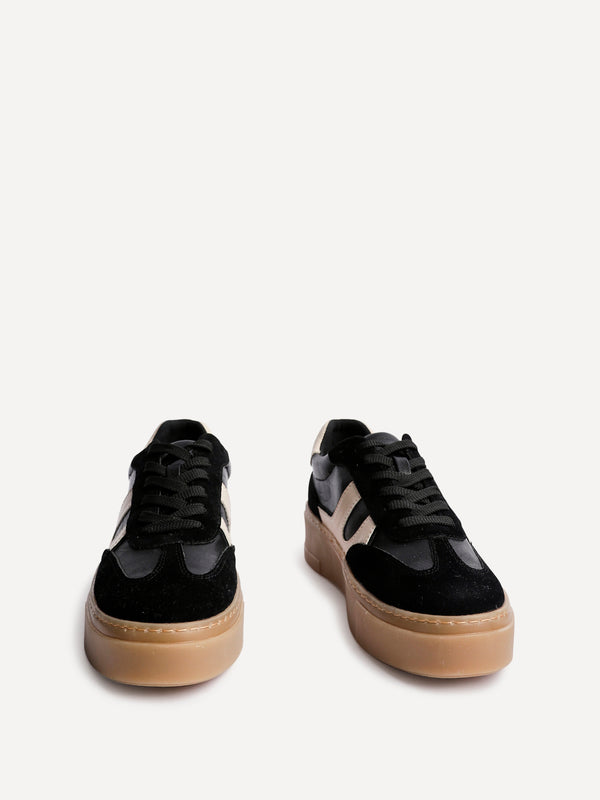 Linzi Black And Nude Faux Leather Lace Up Flatform Trainers