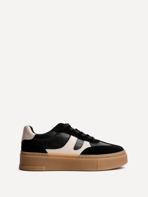Linzi Black And Nude Faux Leather Lace Up Flatform Trainers