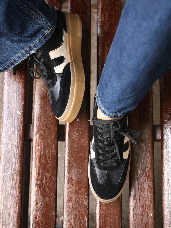 linzi Black And Nude Faux Leather Lace Up Flatform Trainers