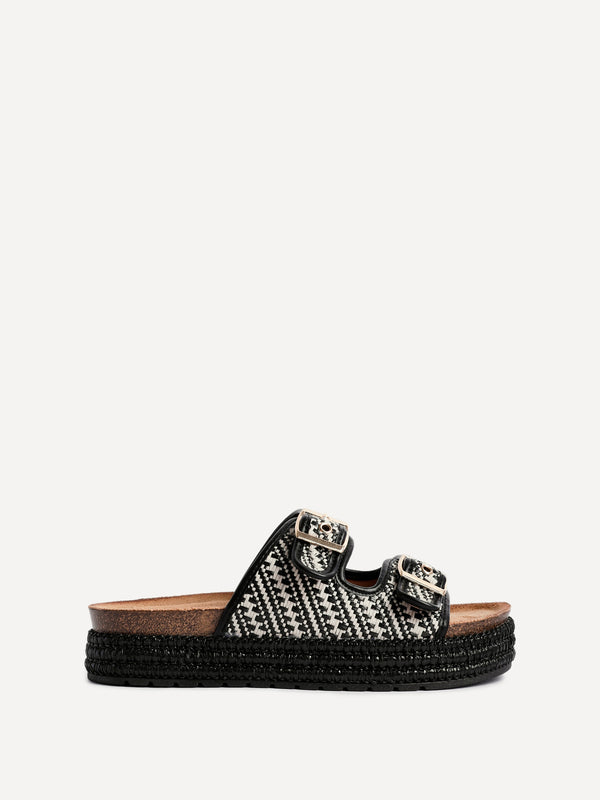 Linzi Black Aztec Woven Double Buckle Flatform Slider Sandal