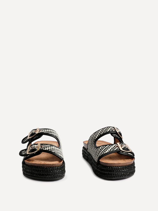 Linzi Black Aztec Woven Double Buckle Flatform Slider Sandal