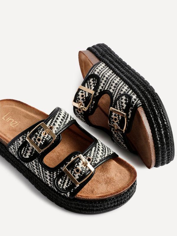 Linzi Black Aztec Woven Double Buckle Flatform Slider Sandal