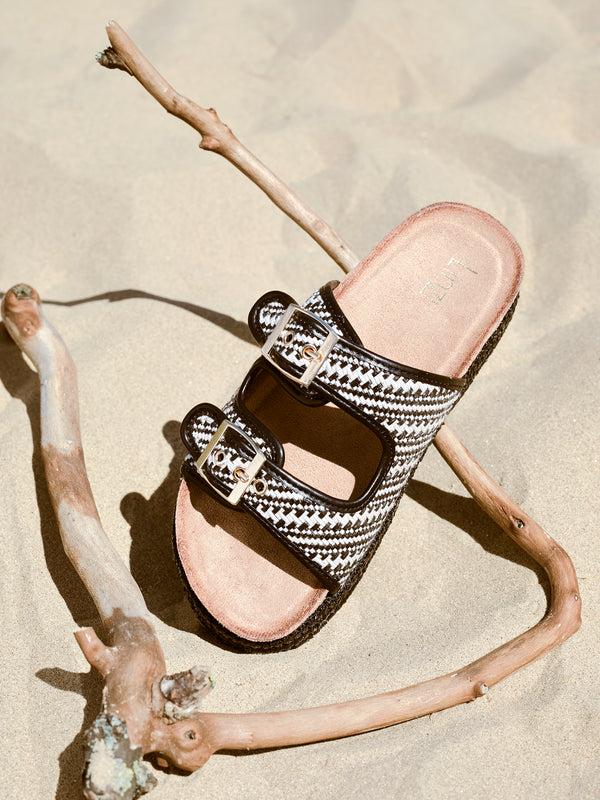 linzi Black Aztec Woven Double Buckle Flatform Slider Sandal