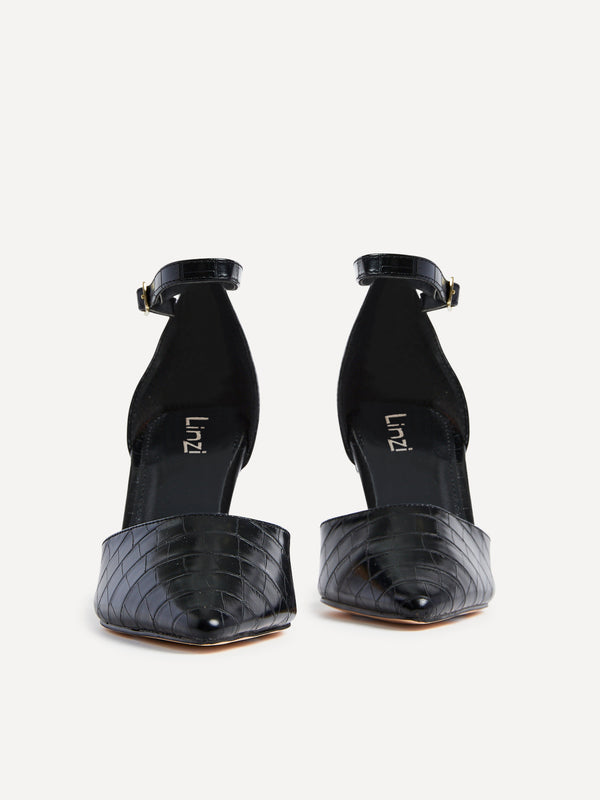 Linzi Black Croc Faux Leather Stiletto Court Heel With Ankle Strap