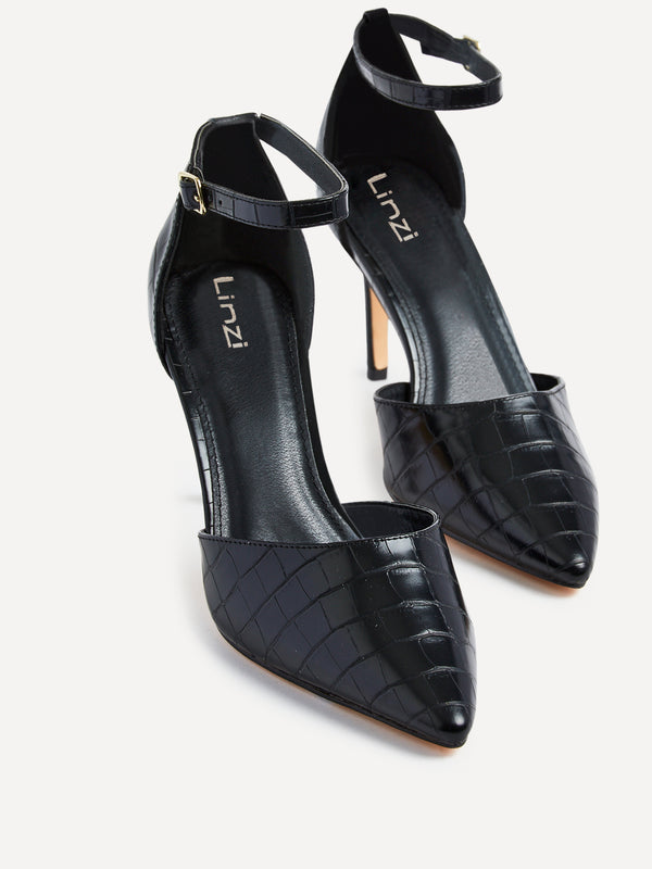 Linzi Black Croc Faux Leather Stiletto Court Heel With Ankle Strap
